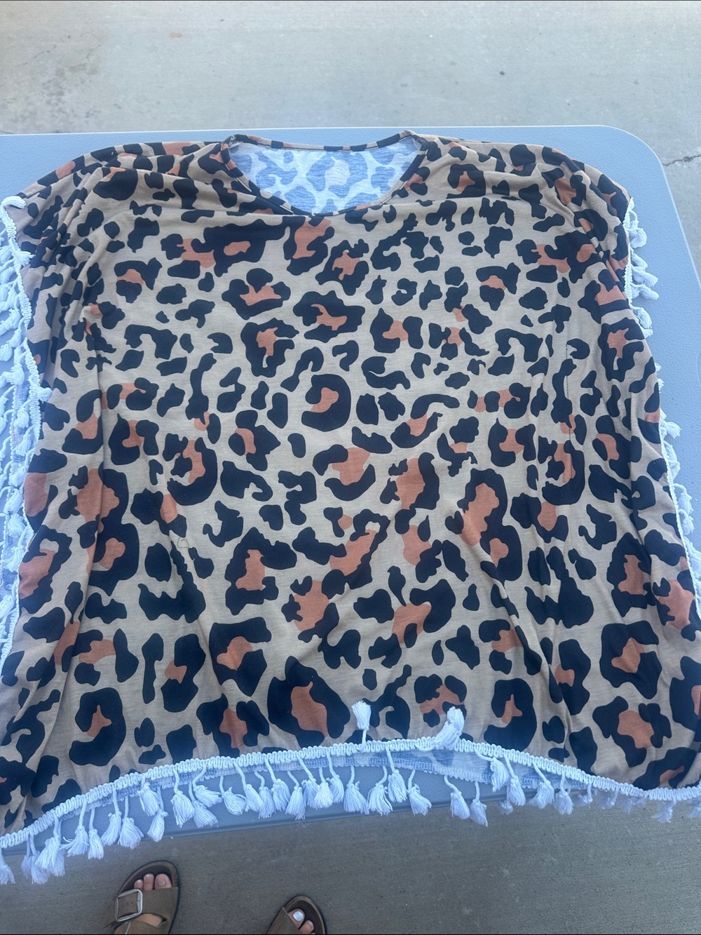 Leopard Print Tassel Trim Poncho Top - Tan, Black, Rust